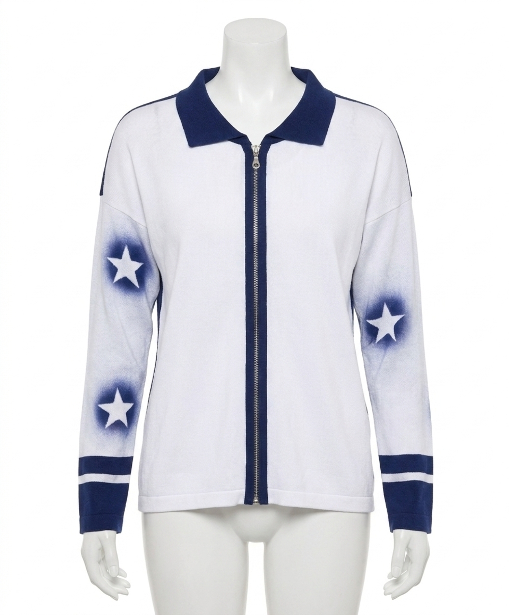 NEW ANGEL APPAREL star zip-up knit jacket in white/navy